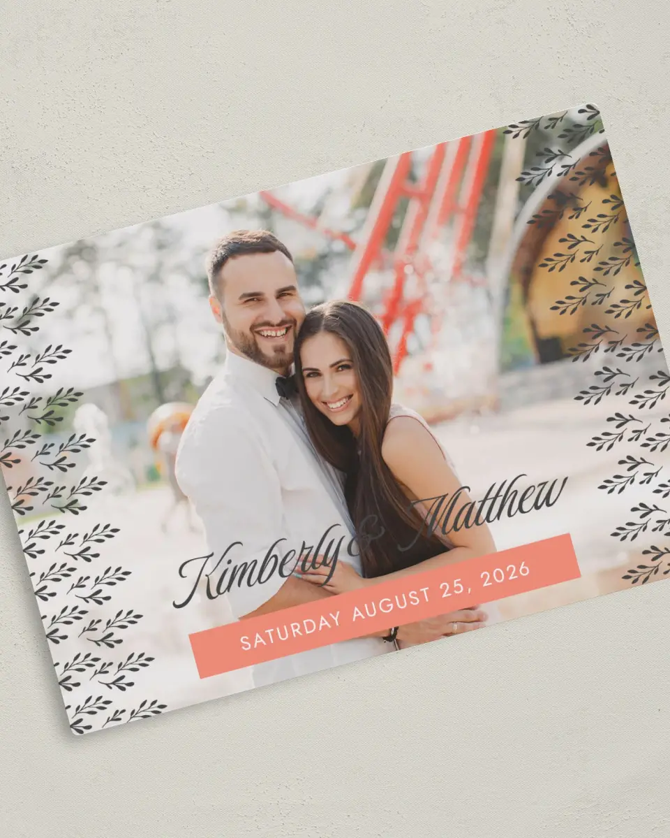This is a 5" x 7" Save the Date Magnet called Fancy Foliage printed in full color with a Luxe Satin finish
