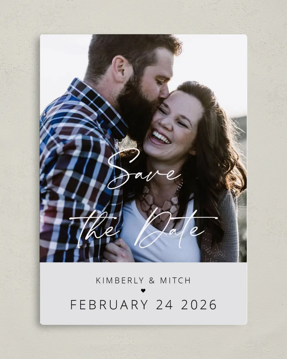 This is a 5" x 7" Save the Date Magnet called Harmonious Hearts printed in full color with a Luxe Satin finish