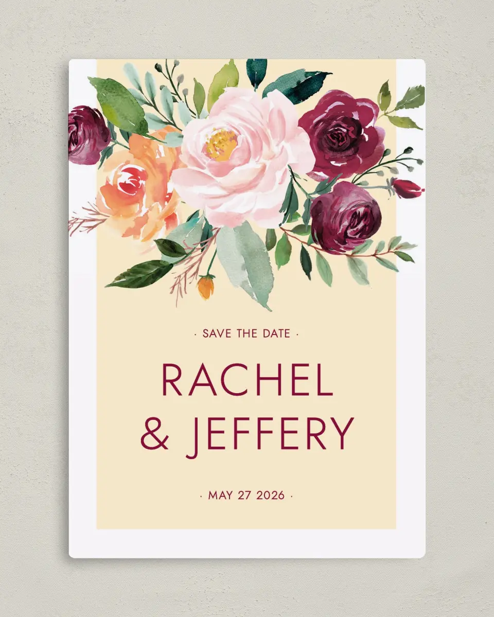 This is a 5" x 7" Save the Date Magnet called Country Florals printed in full color with a Luxe Satin finish