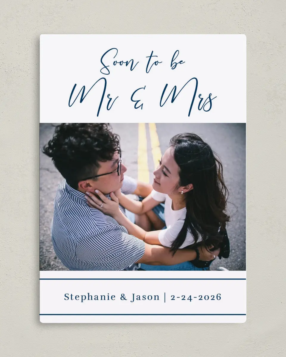 This is a 5" x 7" Save the Date Magnet called Road to Love printed in full color with a Luxe Satin finish