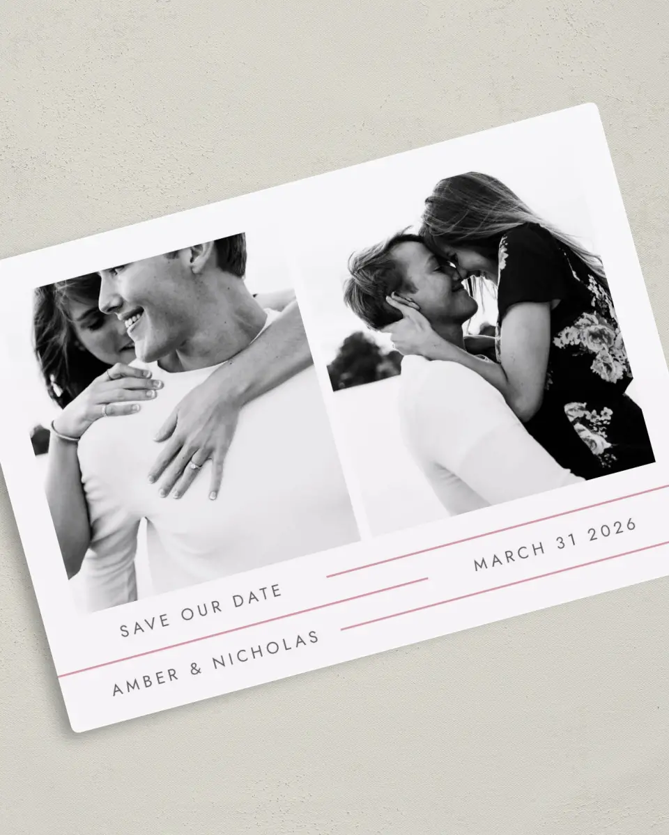 This is a 5" x 7" Save the Date Magnet called Glowing Tracks printed in full color with a Luxe Satin finish