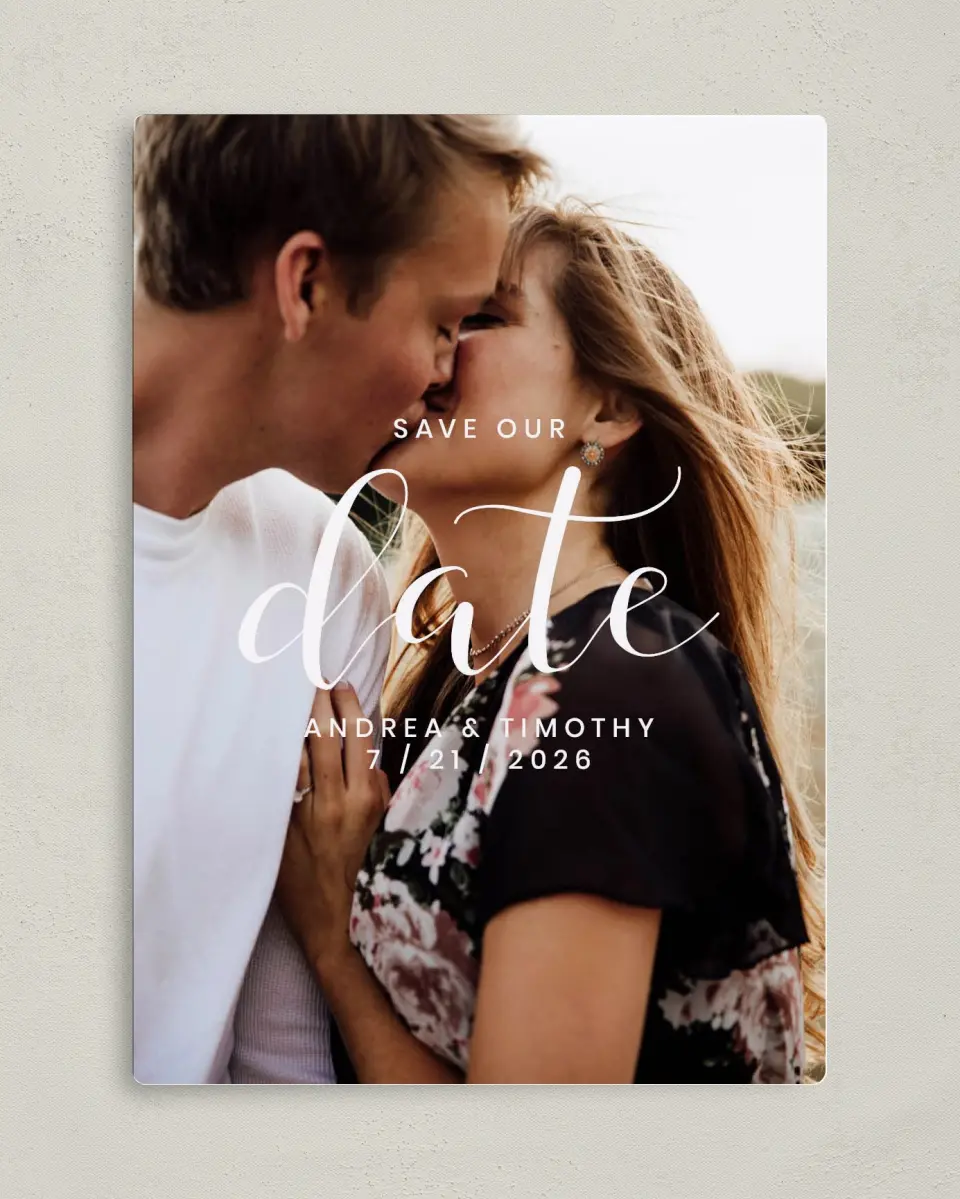 This is a 5" x 7" Save the Date Magnet called Modern Moments printed in full color with a Luxe Satin finish