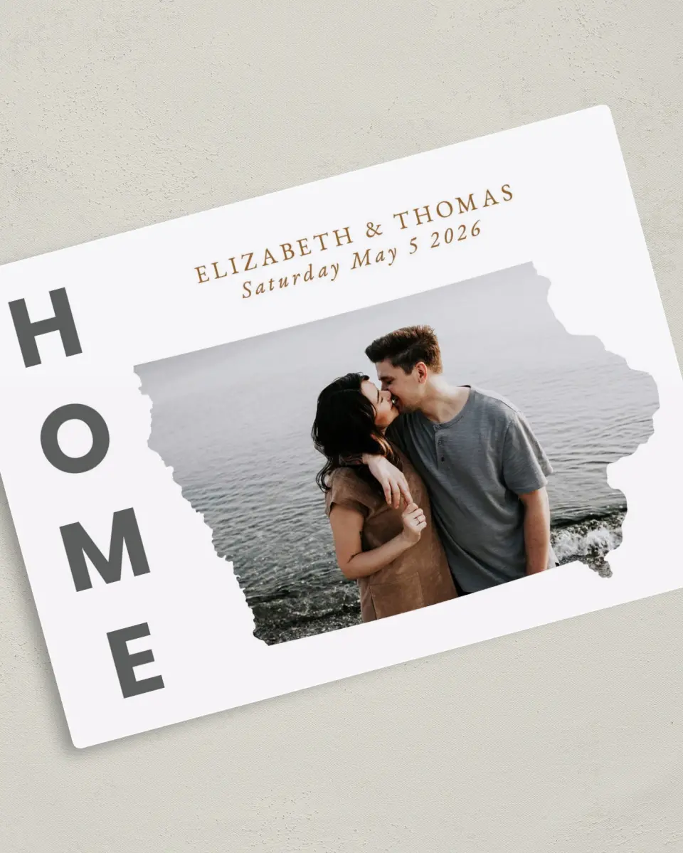 This is a 5" x 7" Save the Date Magnet called Home Together printed in full color with a Luxe Satin finish