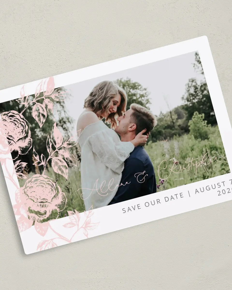 This is a 5" x 7" Save the Date Magnet called Stamped Elegance printed in full color with a Luxe Satin finish