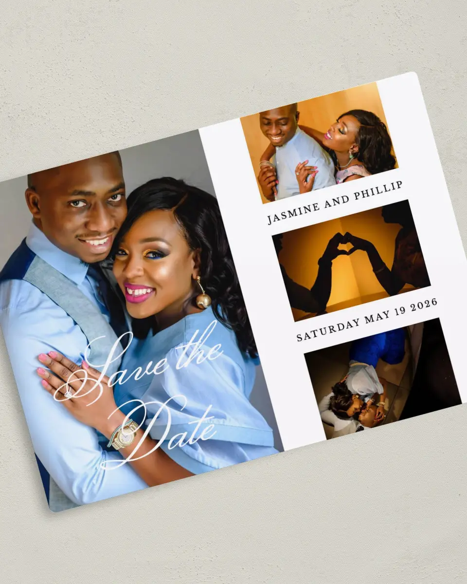 This is a 5" x 7" Save the Date Magnet called Ravishing Scrolls printed in full color with Rose Gold foil and a Luxe Satin finish