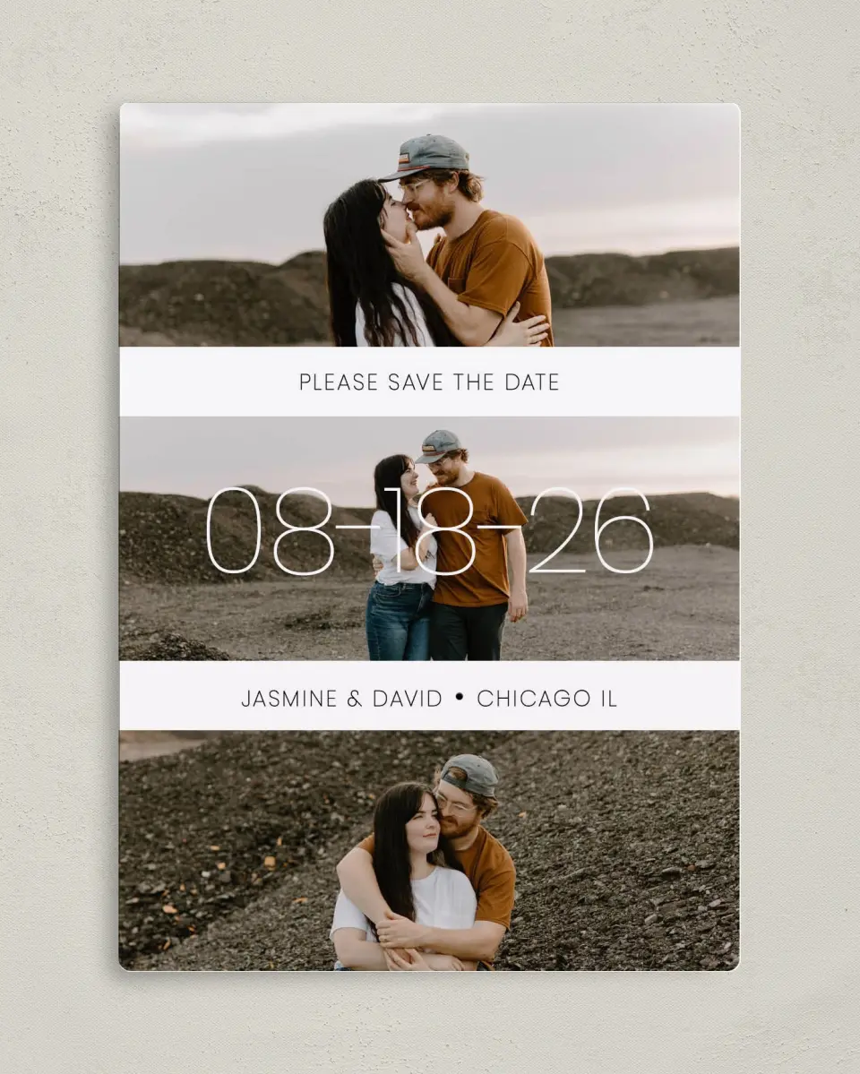 This is a 5" x 7" Save the Date Magnet called Splendid Stripes printed in full color with a Luxe Satin finish