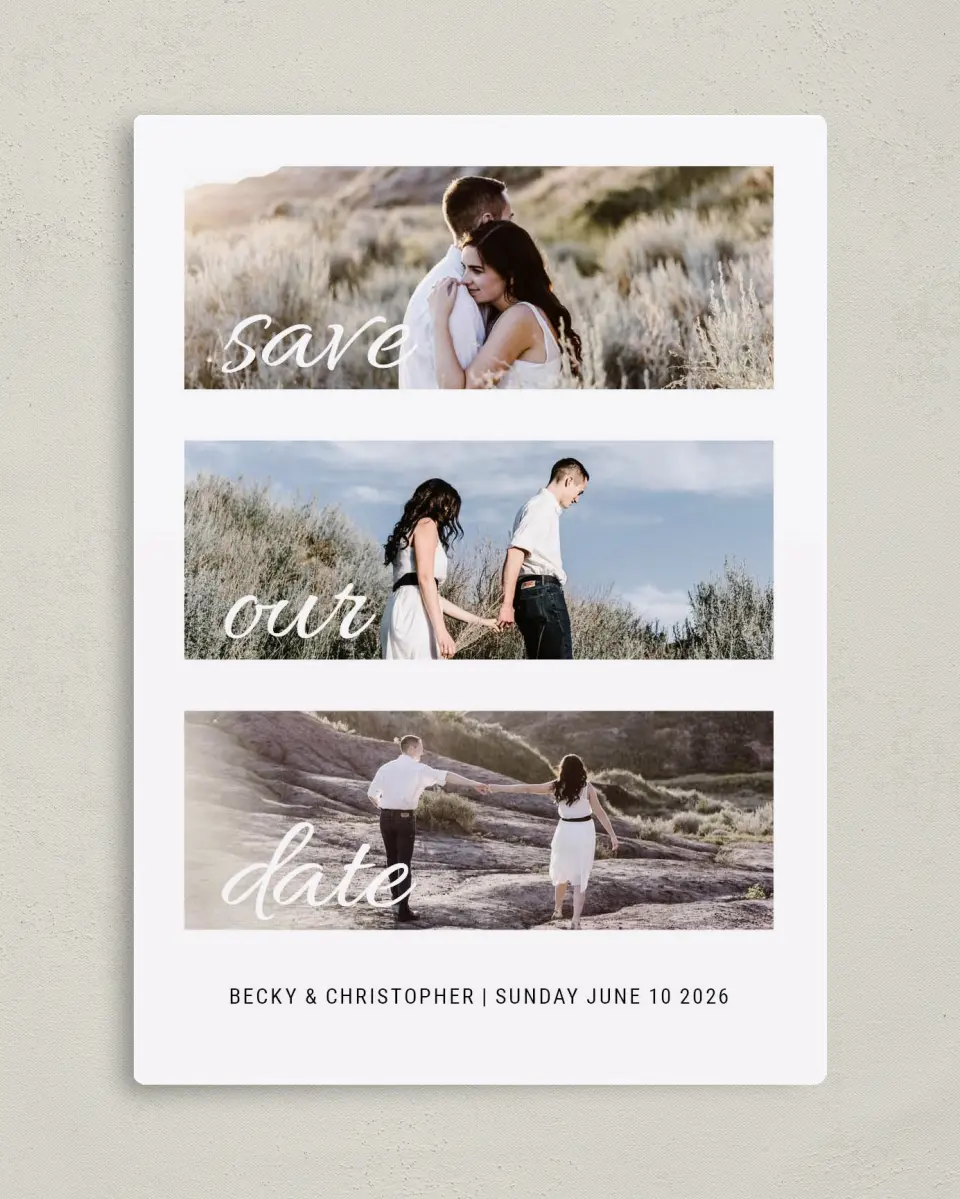 This is a 5" x 7" Save the Date Magnet called Tranquil Trio printed in full color with a Luxe Satin finish