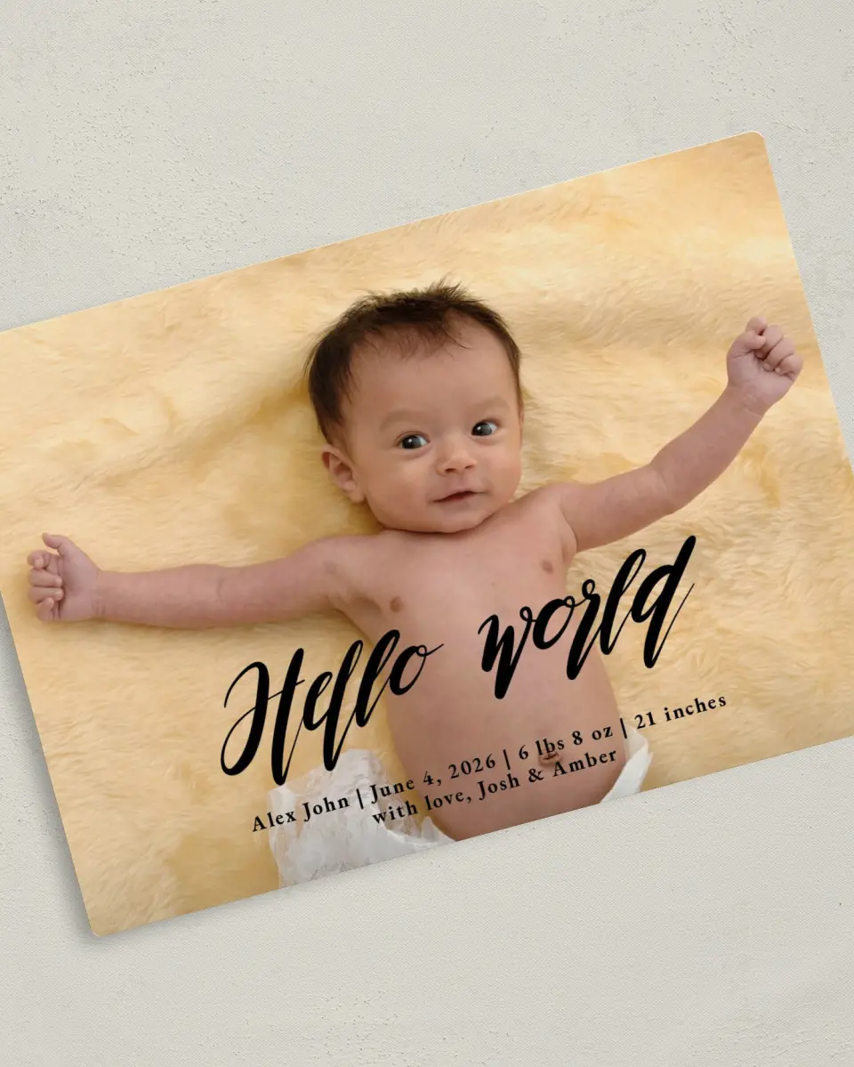 This is a 5" x 7" Birth Announcement Magnet called Softly Calling printed in full color with a Luxe Satin finish