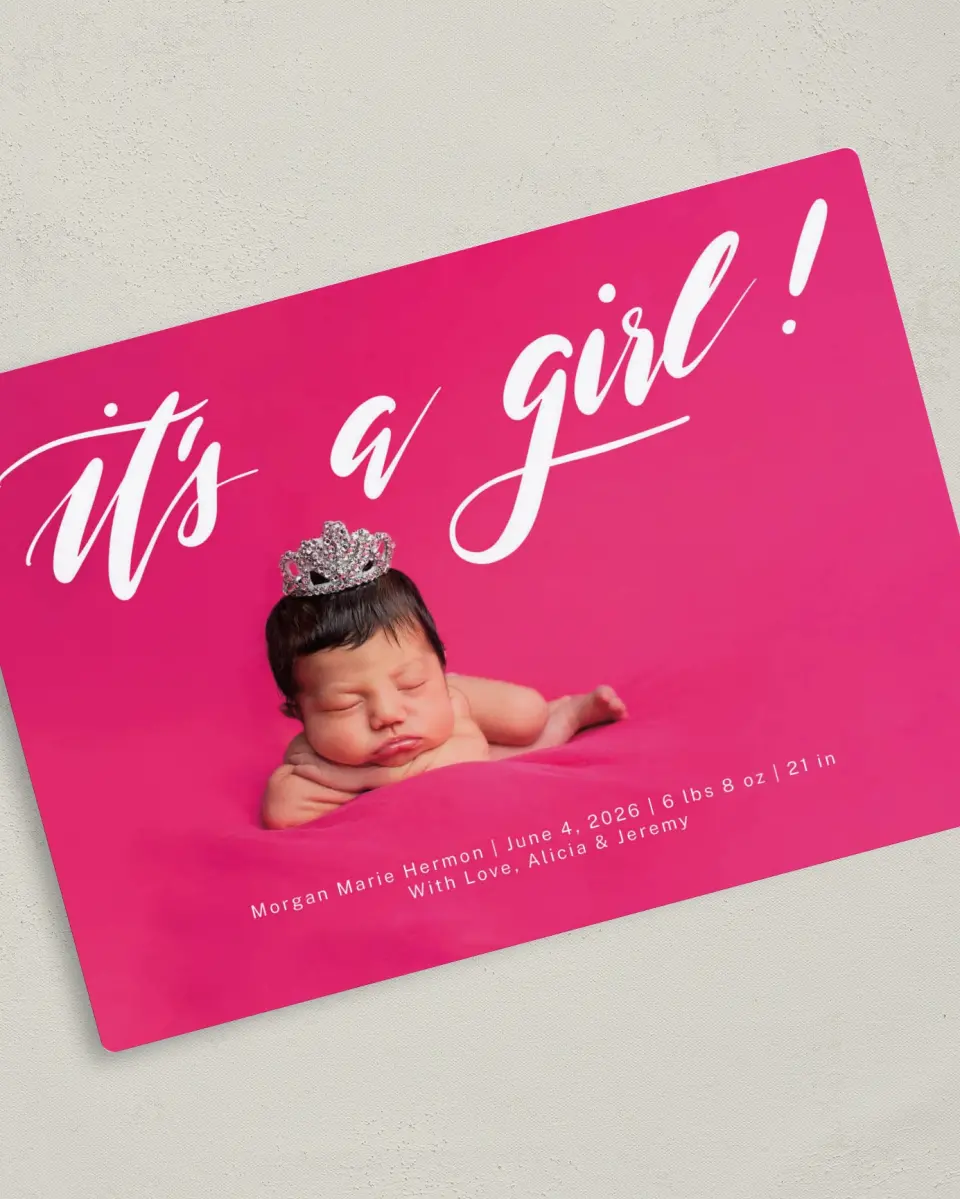 This is a 5" x 7" Birth Announcement Magnet called New Girl printed in full color with a Luxe Satin finish