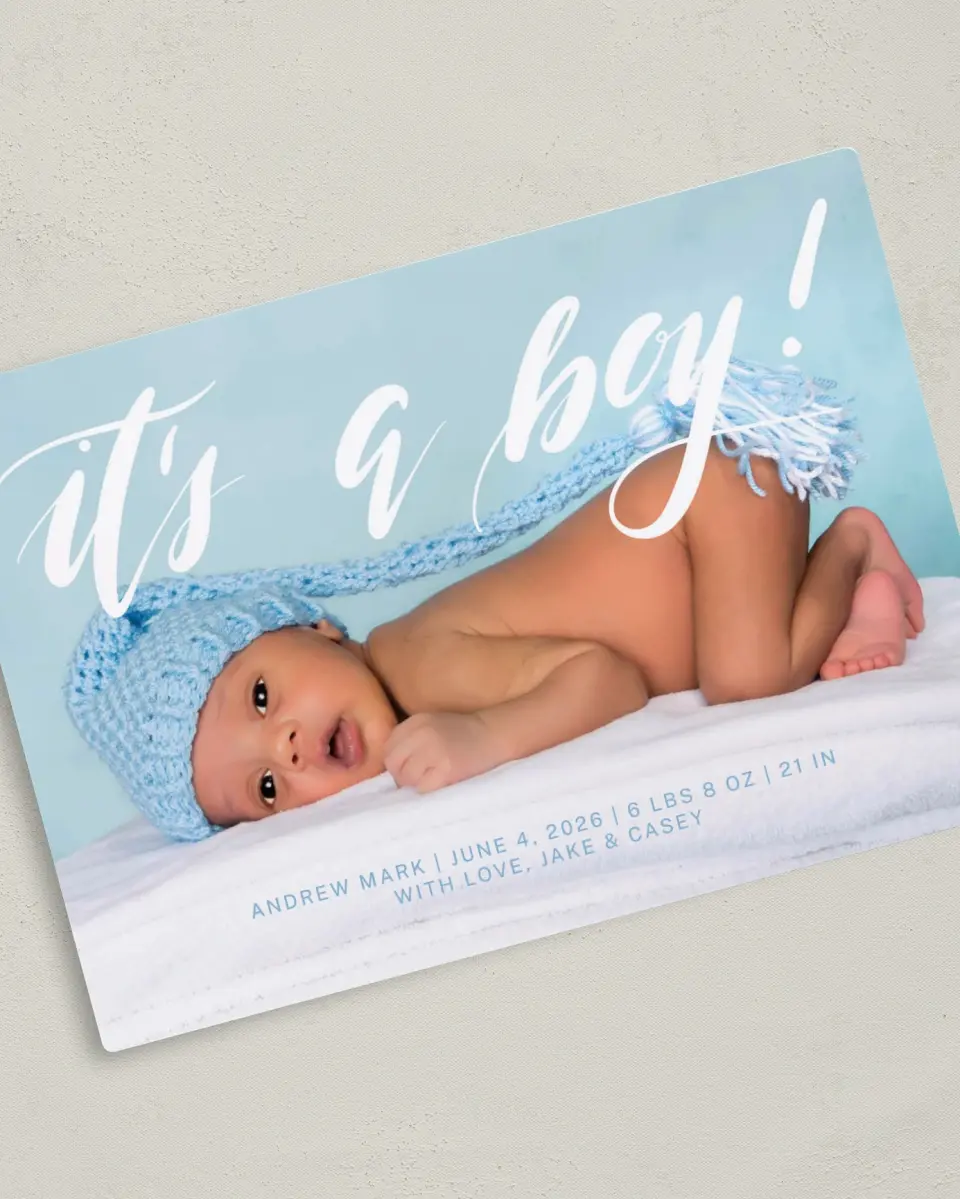 This is a 5" x 7" Birth Announcement Magnet called New Boy printed in full color with a Luxe Satin finish