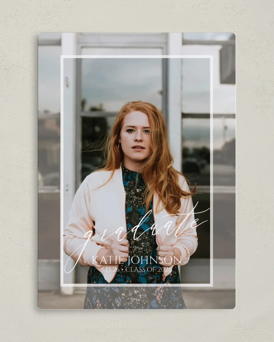This is a 5" x 7" Graduation Announcement Magnet called Brave New World printed in full color with a Luxe Satin finish