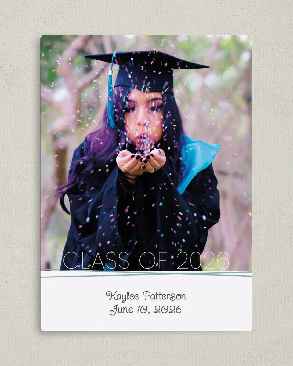 This is a 5" x 7" Graduation Announcement Magnet called Journey to Forever printed in full color with a Luxe Satin finish
