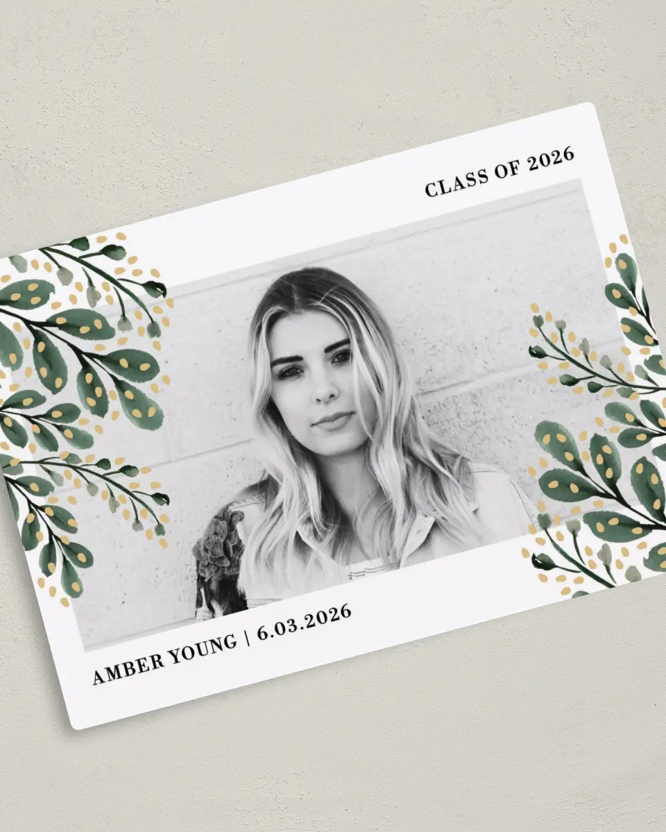 This is a 5" x 7" Graduation Announcement Magnet called Shining Laurels printed in full color with a Luxe Satin finish