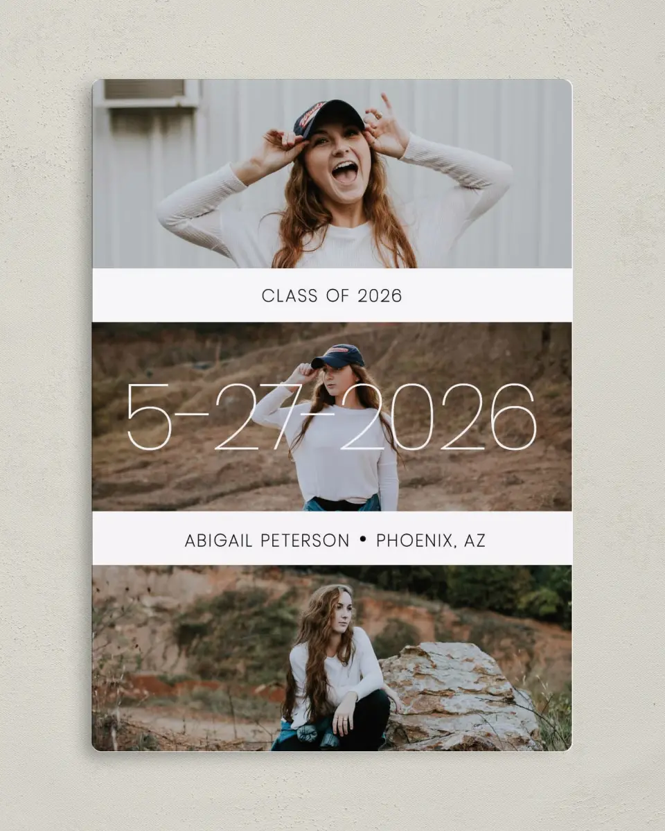 This is a 5" x 7" Graduation Announcement Magnet called Triumphant Trio printed in full color with a Luxe Satin finish