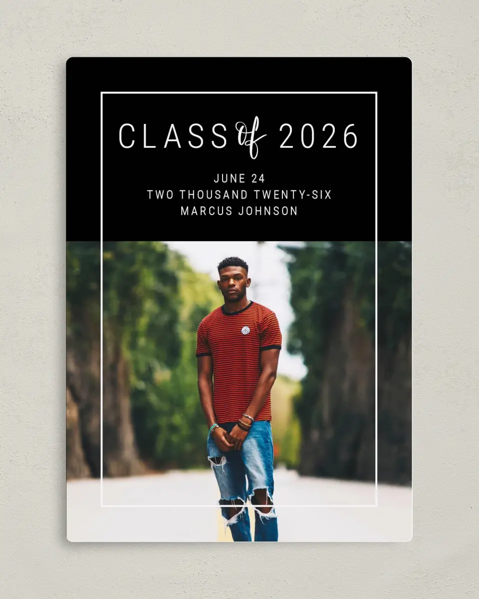 This is a 5" x 7" Graduation Announcement Magnet called New Journey printed in full color with a Luxe Satin finish