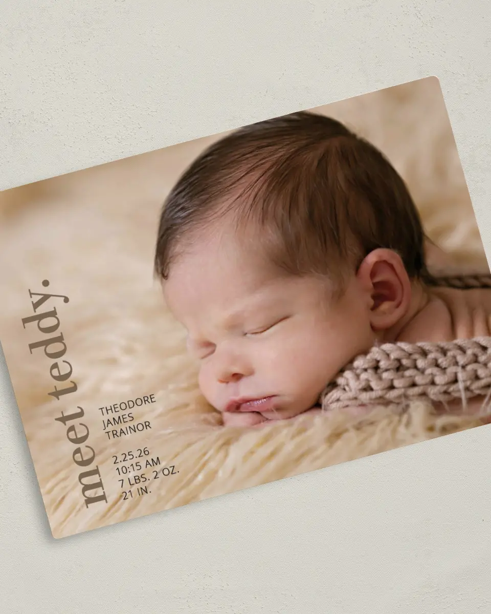 This is a 5" x 7" Birth Announcement Magnet called First Meeting printed in full color with a Luxe Satin finish