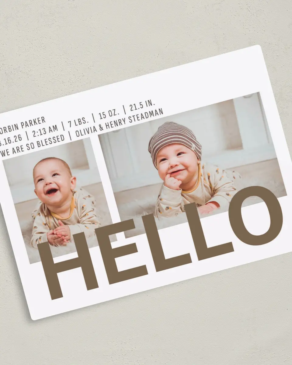This is a 5" x 7" Birth Announcement Magnet called I'm Here! printed in full color with a Luxe Satin finish