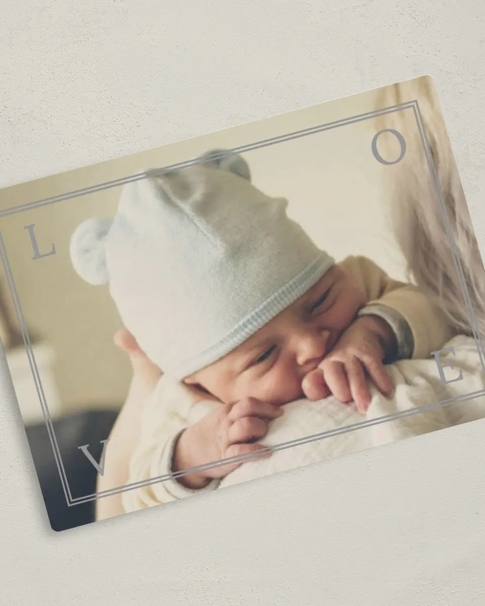 This is a 5" x 7" Birth Announcement Magnet called Love Framed printed in full color with a Luxe Satin finish