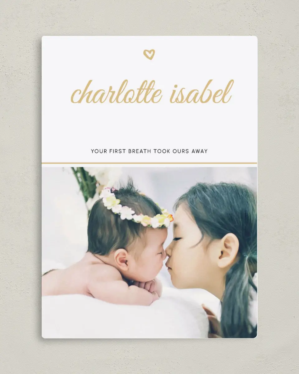 This is a 5" x 7" Birth Announcement Magnet called Breathtaking printed in full color with a Luxe Satin finish