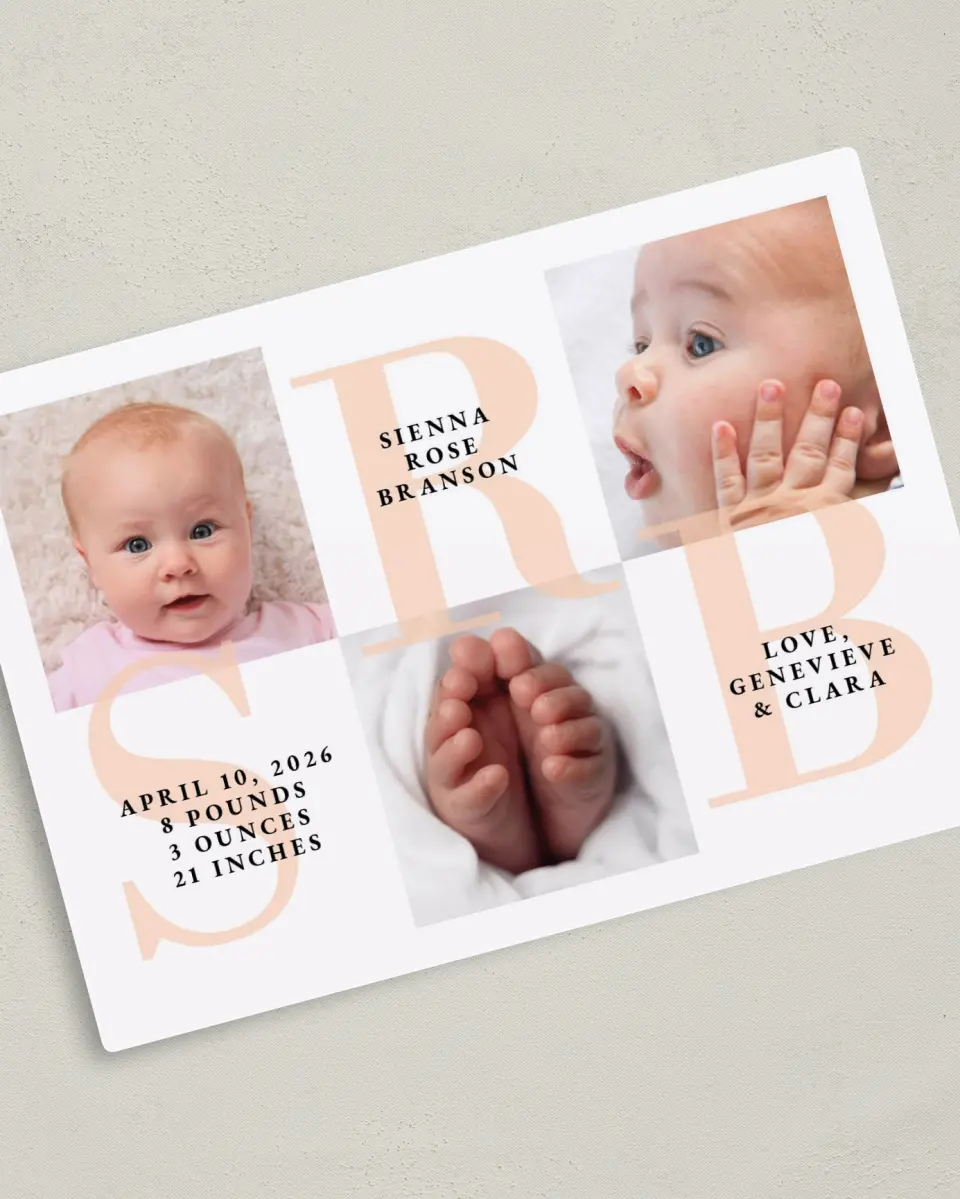 This is a 5" x 7" Birth Announcement Magnet called Delicate Monogram Girl printed in full color with a Luxe Satin finish