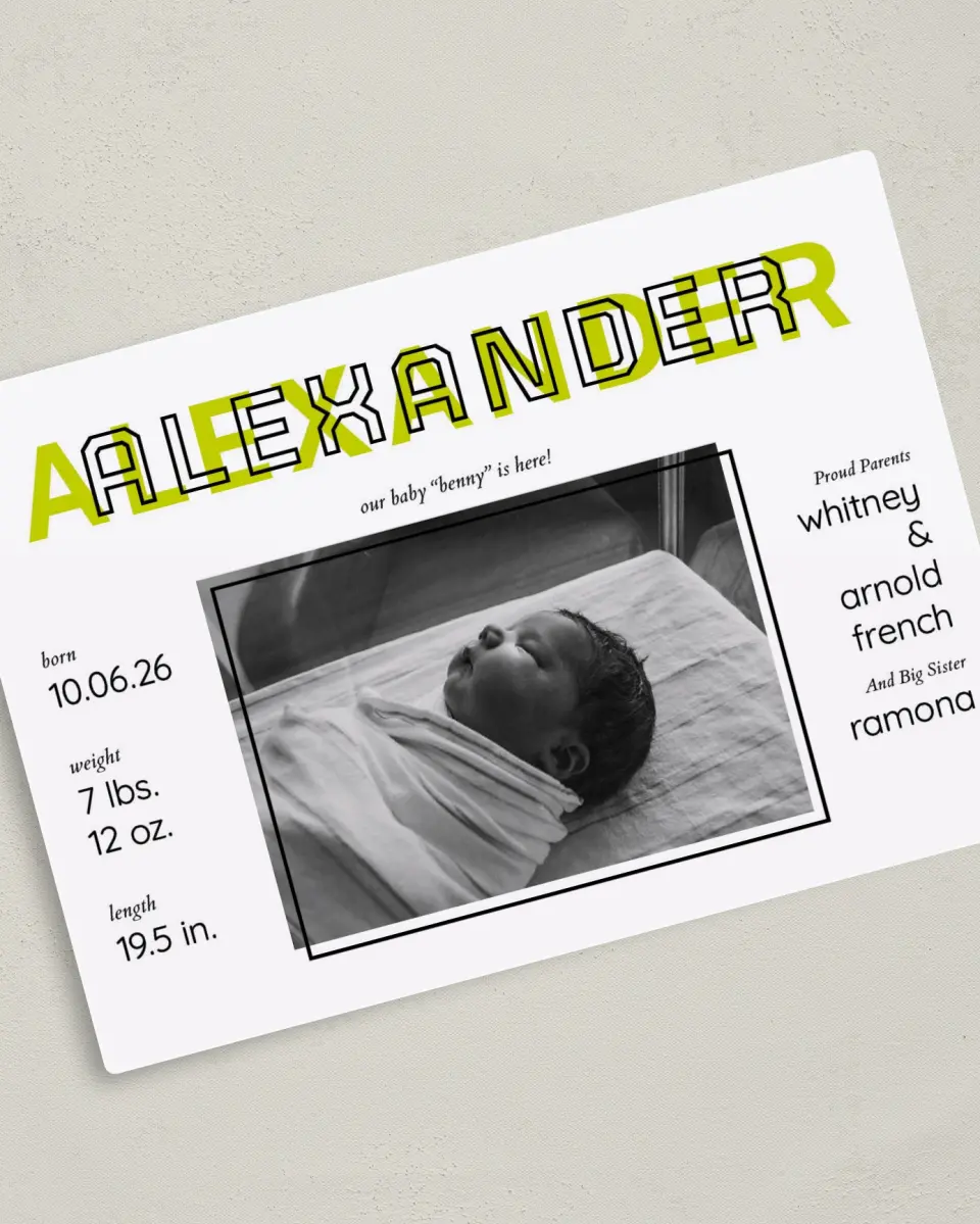 This is a 5" x 7" Birth Announcement Magnet called Splashy Introduction printed in full color with a Luxe Satin finish