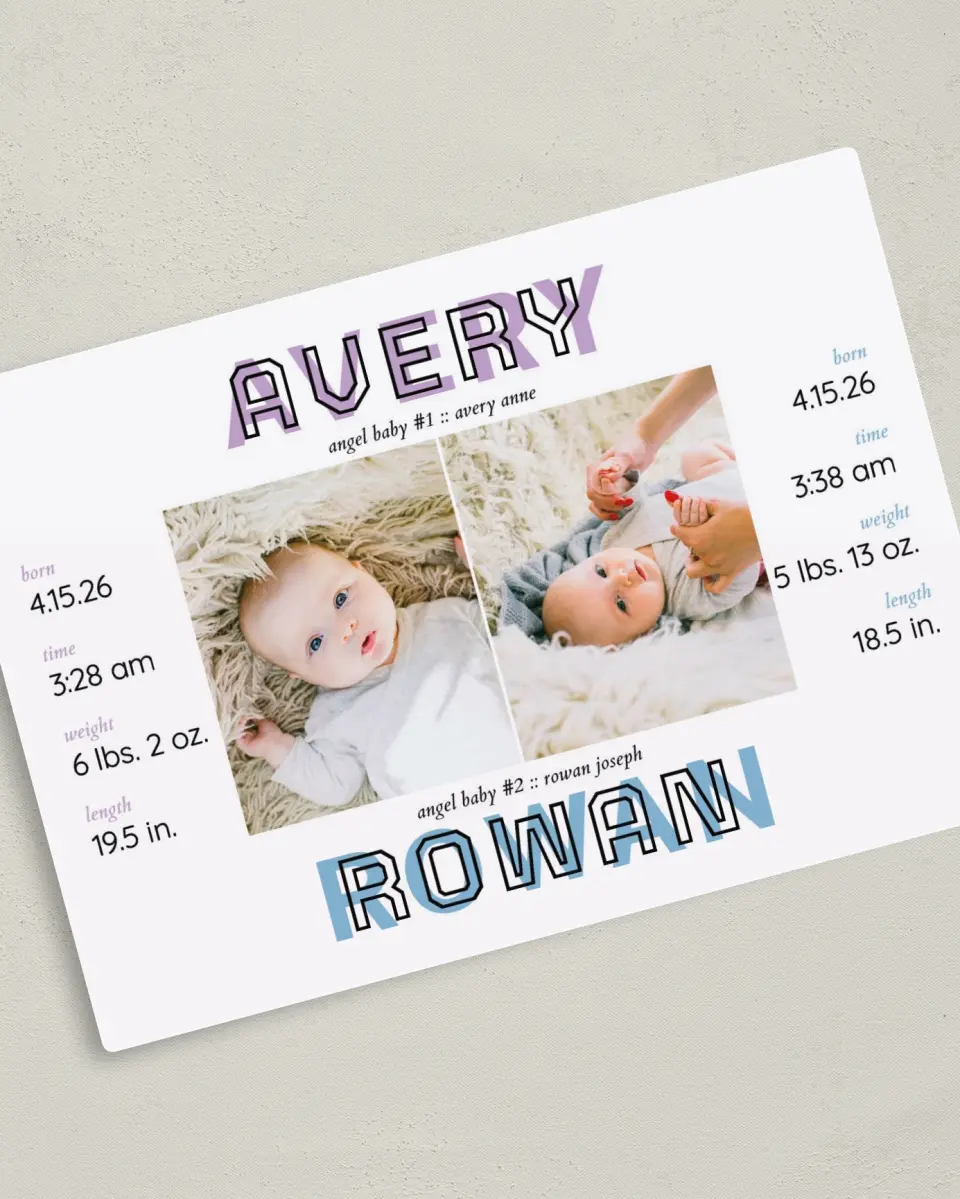 This is a 5" x 7" Birth Announcement Magnet called Double the Love printed in full color with a Luxe Satin finish