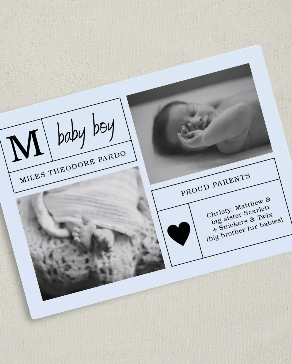 This is a 5" x 7" Birth Announcement Magnet called Headliner Baby Boy printed in full color with a Luxe Satin finish