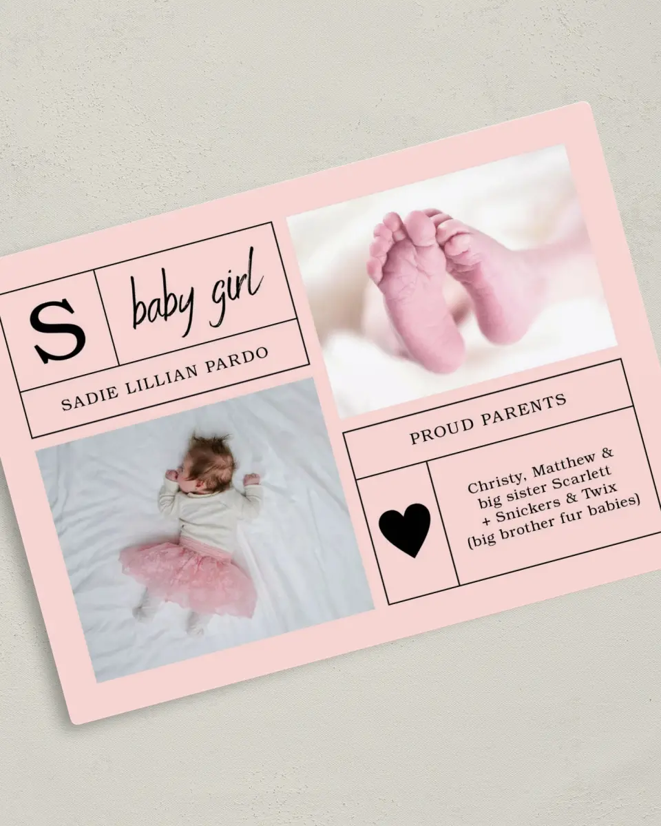 This is a 5" x 7" Birth Announcement Magnet called Headliner Baby Girl printed in full color with a Luxe Satin finish