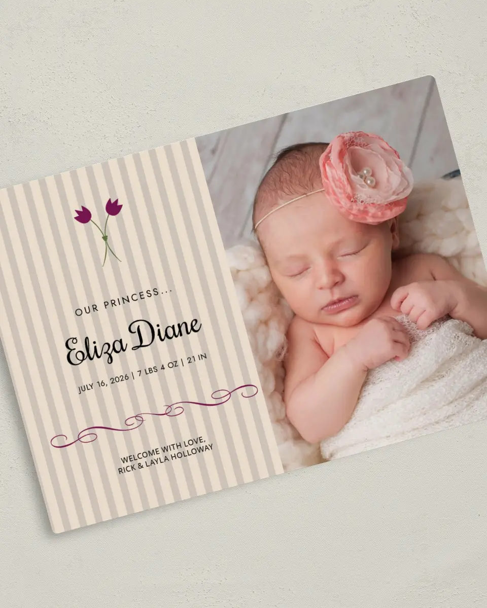 This is a 5" x 7" Birth Announcement Magnet called Charming Tulip printed in full color with a Luxe Satin finish