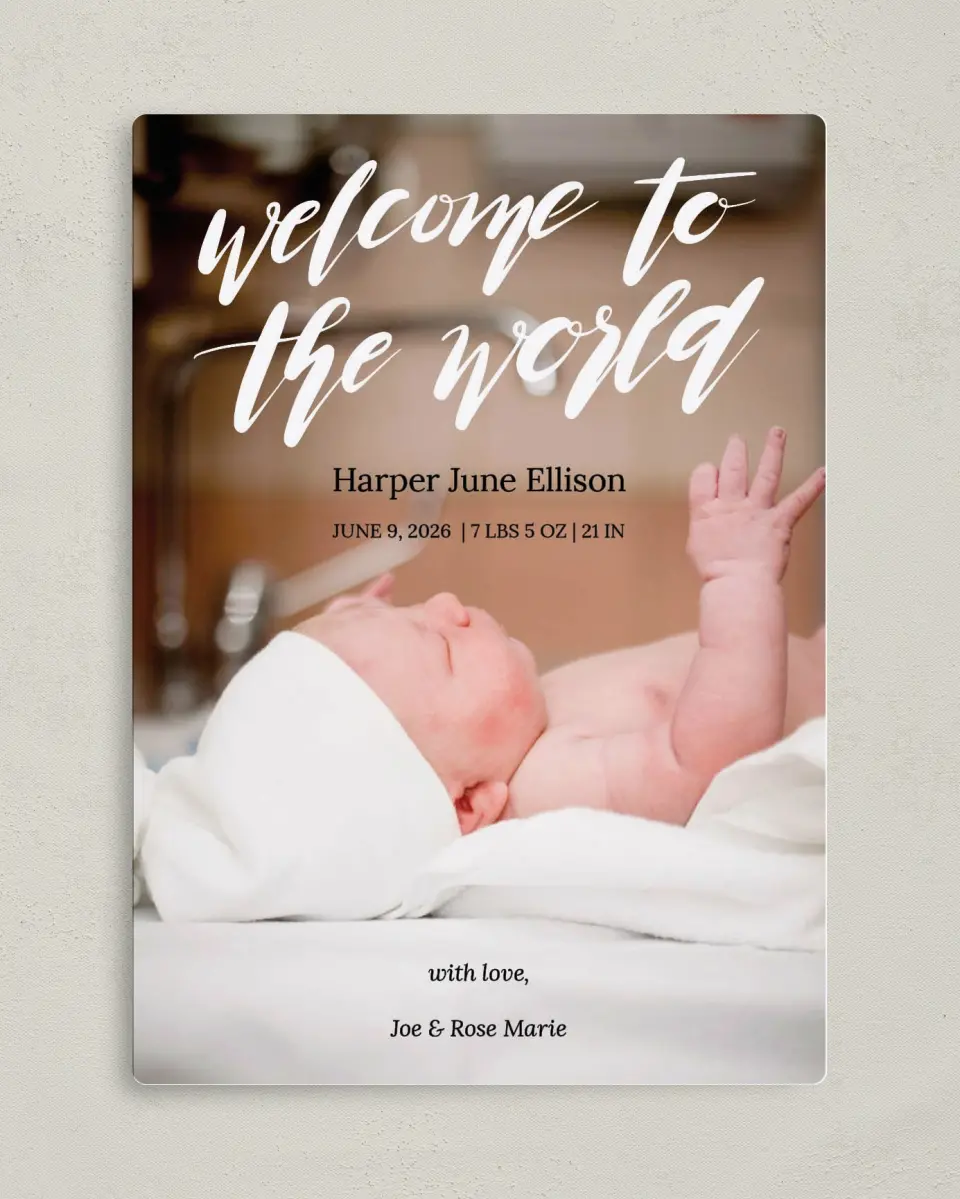 This is a 5" x 7" Birth Announcement Magnet called Welcome World printed in full color with a Luxe Satin finish