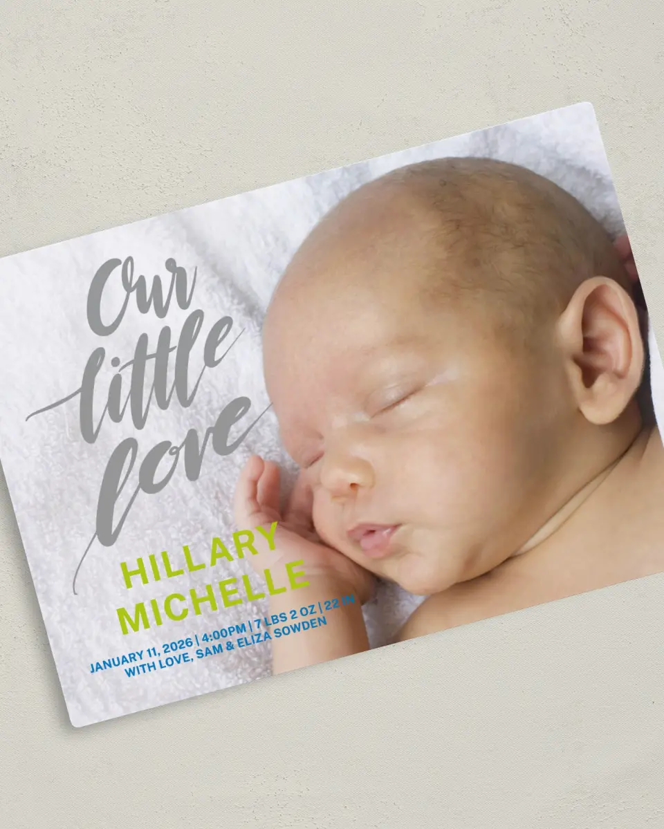 This is a 5" x 7" Birth Announcement Magnet called Baby Buds printed in full color with a Luxe Satin finish