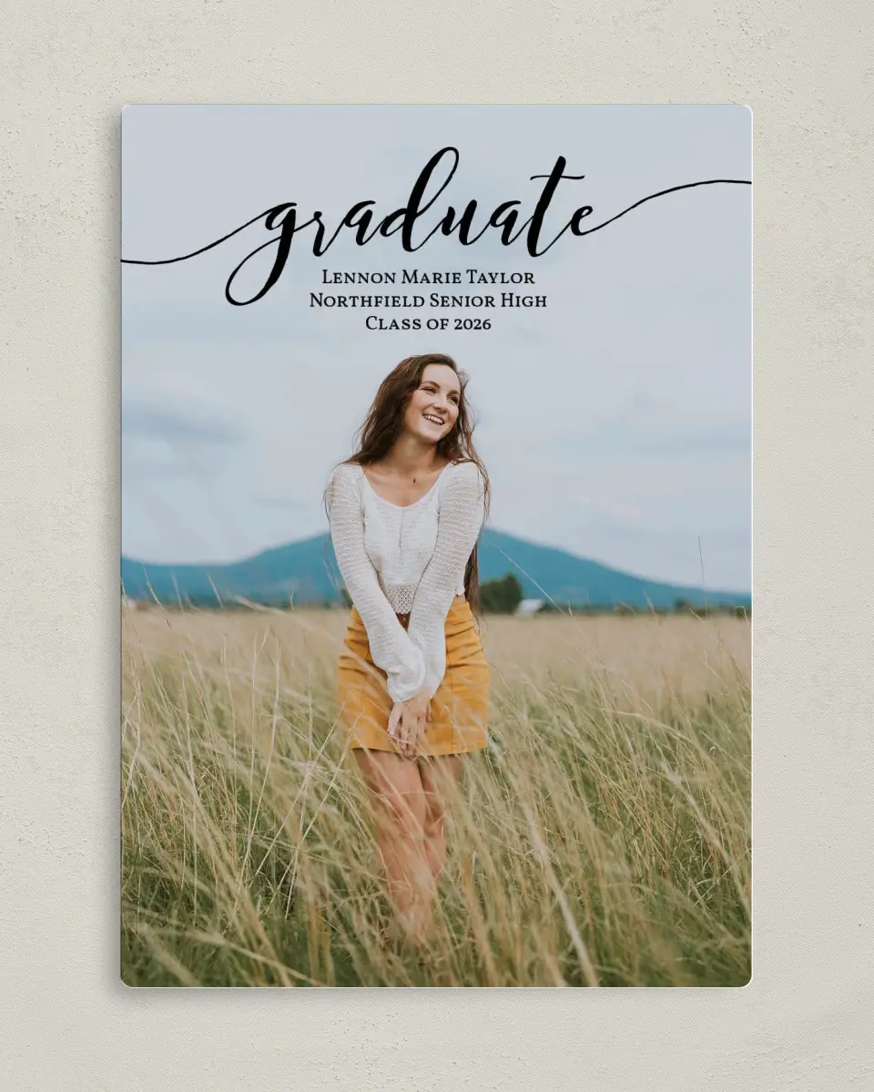 This is a 5" x 7" Graduation Announcement Magnet called Scripted Graduate printed in full color with a Luxe Satin finish