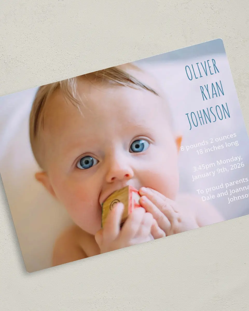 This is a 5" x 7" Birth Announcement Magnet called Starry Sweetness printed in full color with a Luxe Satin finish