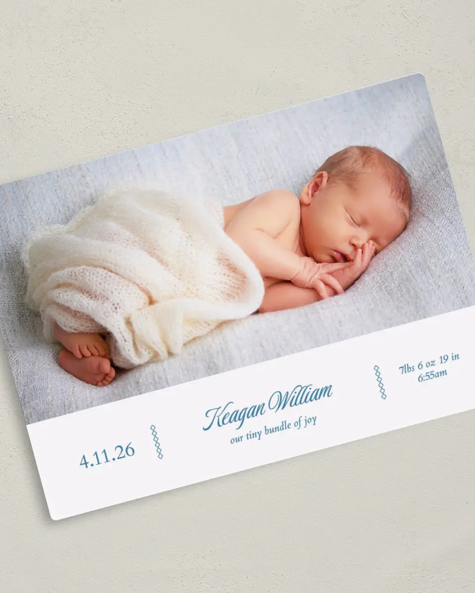 This is a 5" x 7" Birth Announcement Magnet called Sleepy Sweetness printed in full color with a Luxe Satin finish