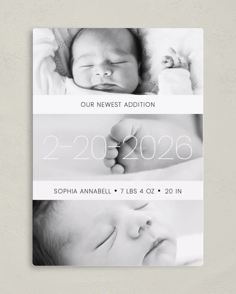 This is a 5" x 7" Birth Announcement Magnet called Baby Love printed in full color with a Luxe Satin finish