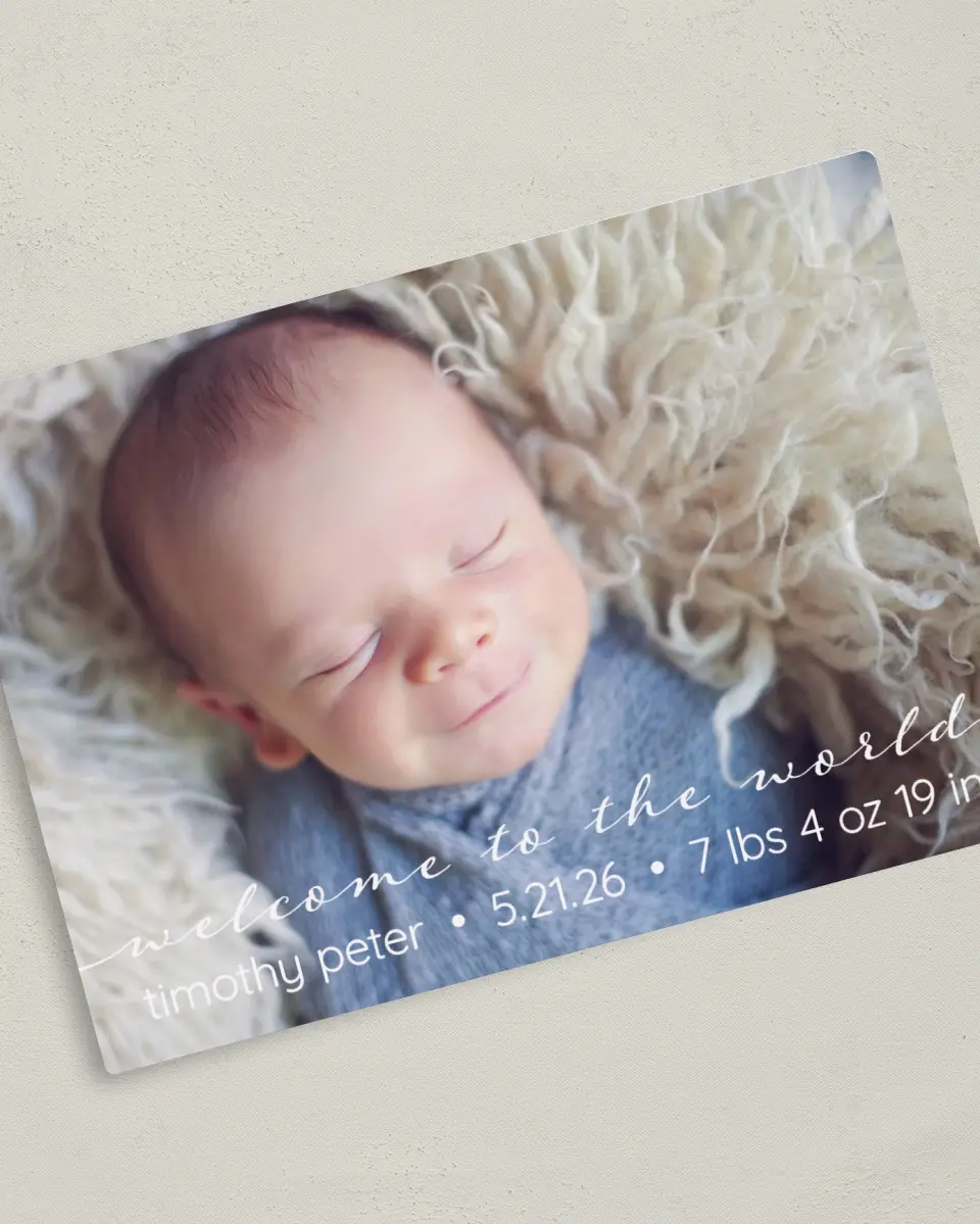 This is a 5" x 7" Birth Announcement Magnet called Welcome Sweetheart printed in full color with a Luxe Satin finish
