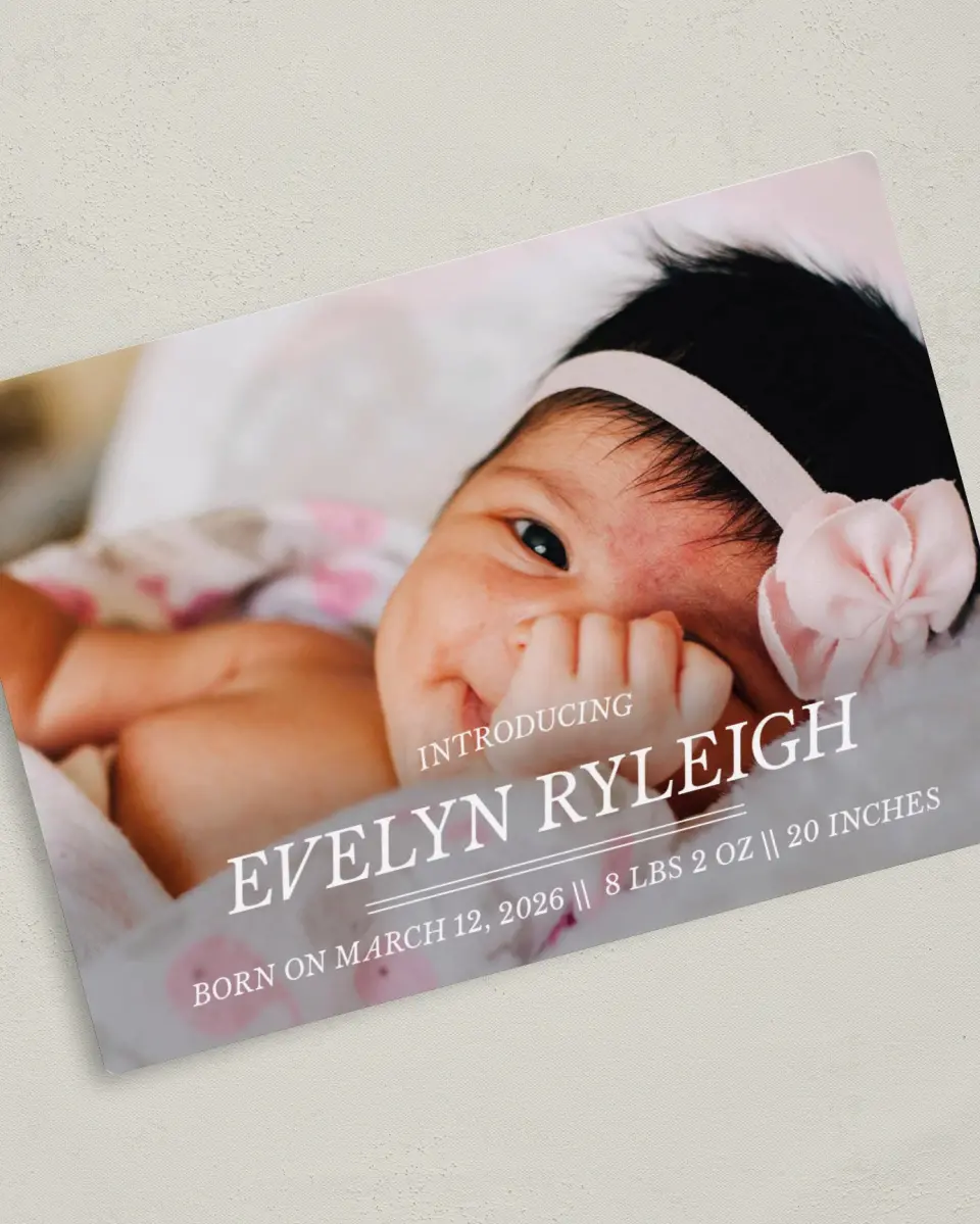 This is a 5" x 7" Birth Announcement Magnet called Fancy Introduction printed in full color with a Luxe Satin finish