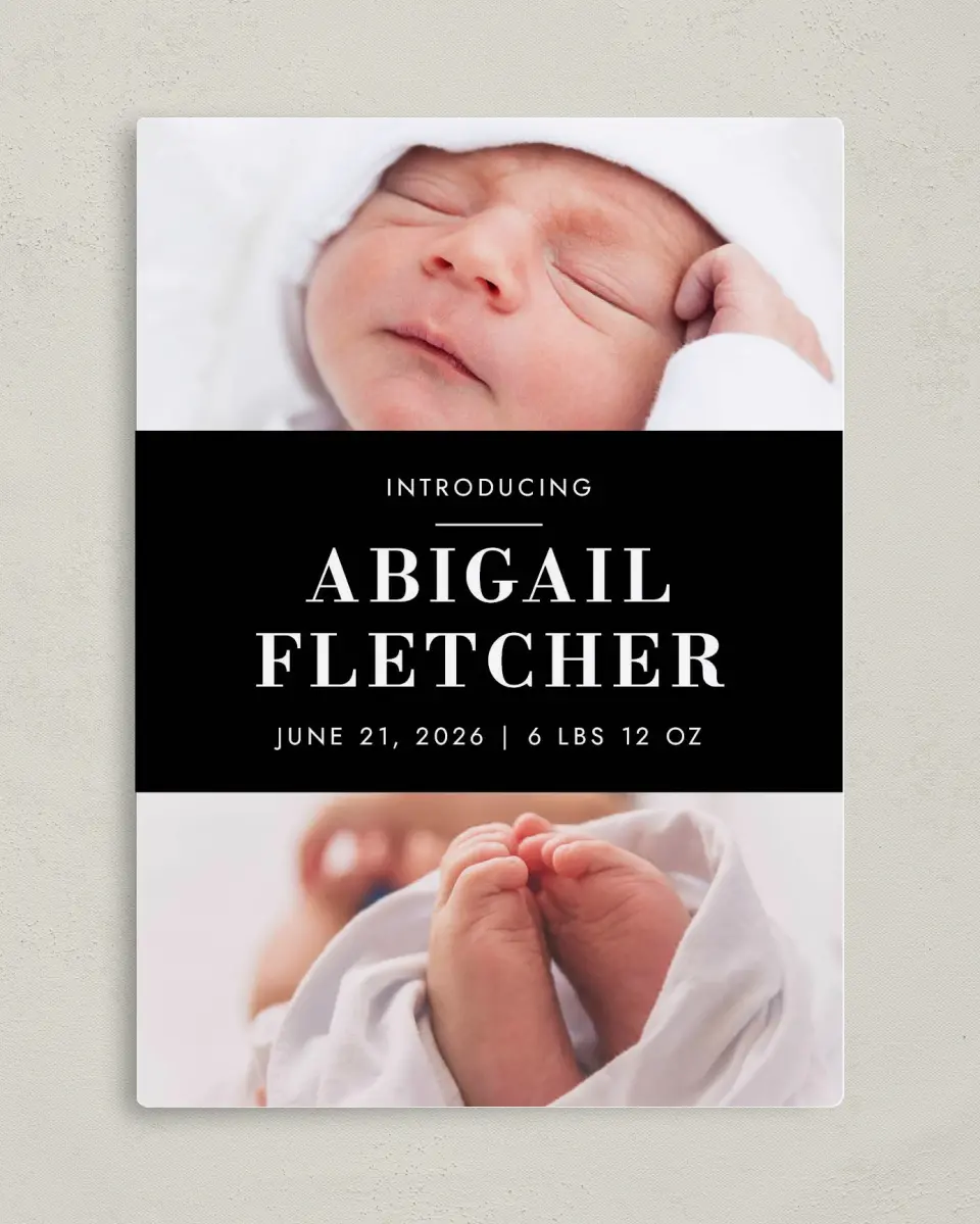 This is a 5" x 7" Birth Announcement Magnet called Heartfelt Welcome printed in full color with a Luxe Satin finish