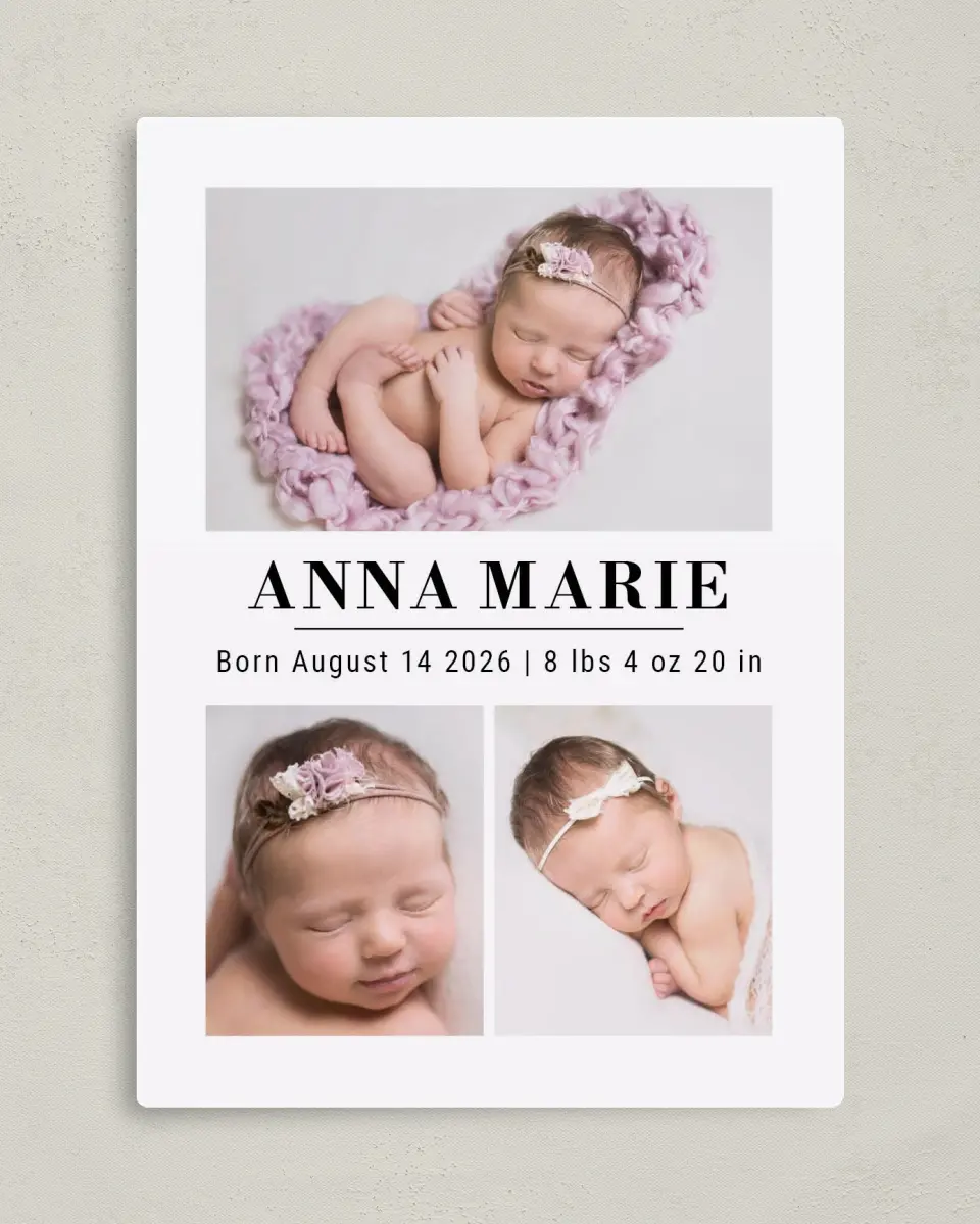 This is a 5" x 7" Birth Announcement Magnet called Charming Marble printed in full color with a Luxe Satin finish