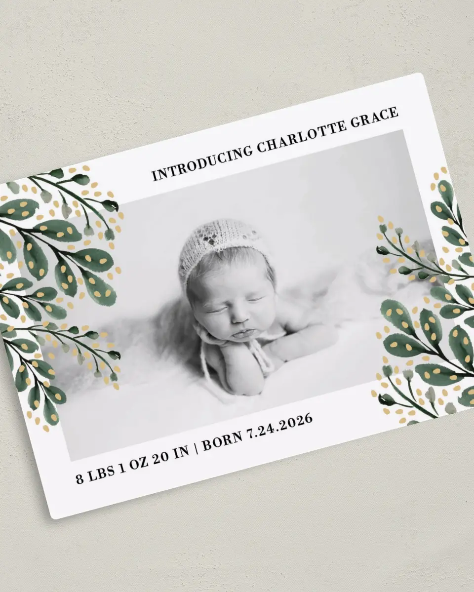 This is a 5" x 7" Birth Announcement Magnet called Laurel Love printed in full color with a Luxe Satin finish