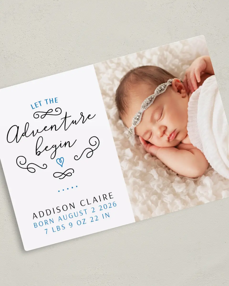 This is a 5" x 7" Birth Announcement Magnet called Adventurous Dream printed in full color with a Luxe Satin finish