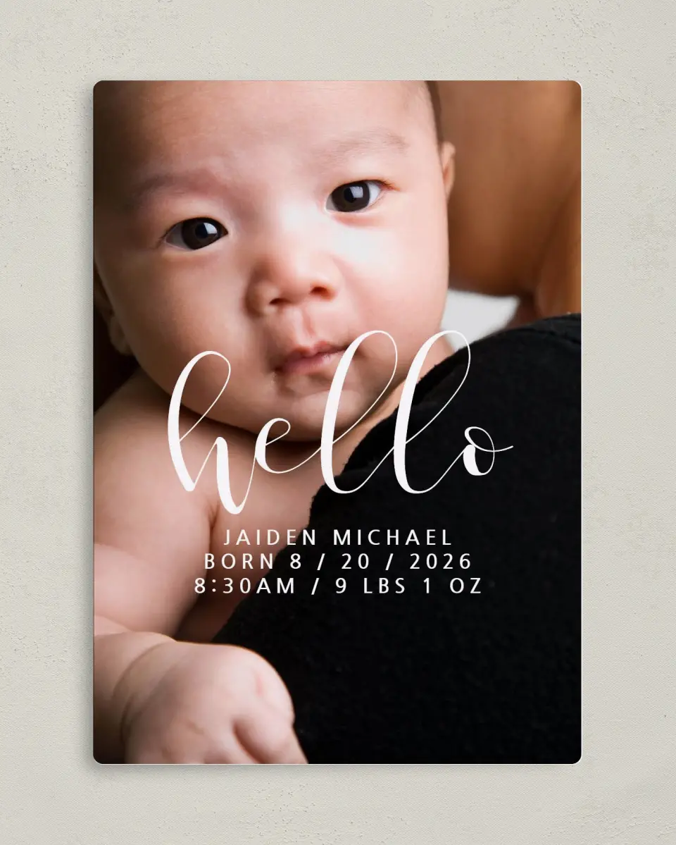 This is a 5" x 7" Birth Announcement Magnet called Hello, Hello! printed in full color with a Luxe Satin finish