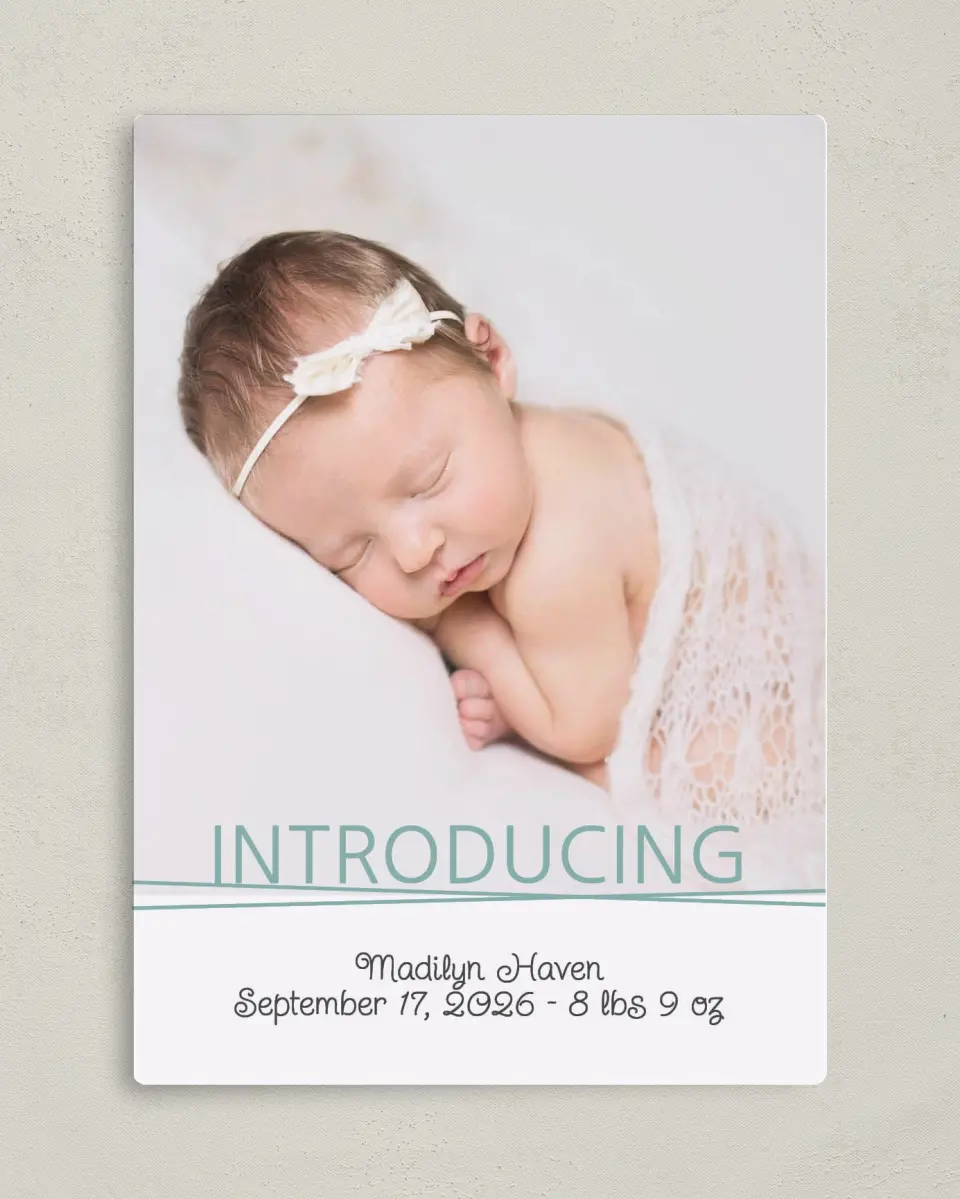 This is a 5" x 7" Birth Announcement Magnet called Delicate Dreamer printed in full color with a Luxe Satin finish
