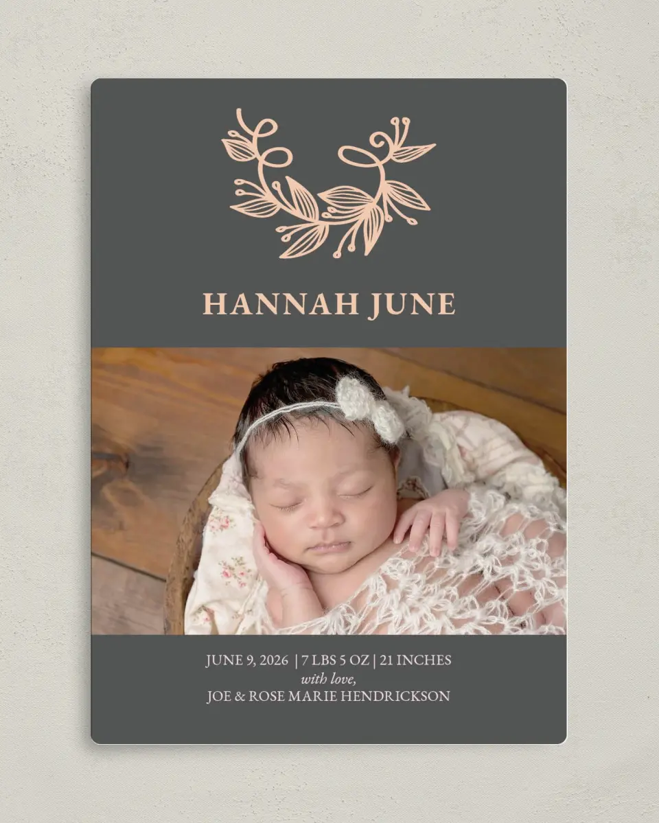 This is a 5" x 7" Birth Announcement Magnet called New Love printed in full color with a Luxe Satin finish