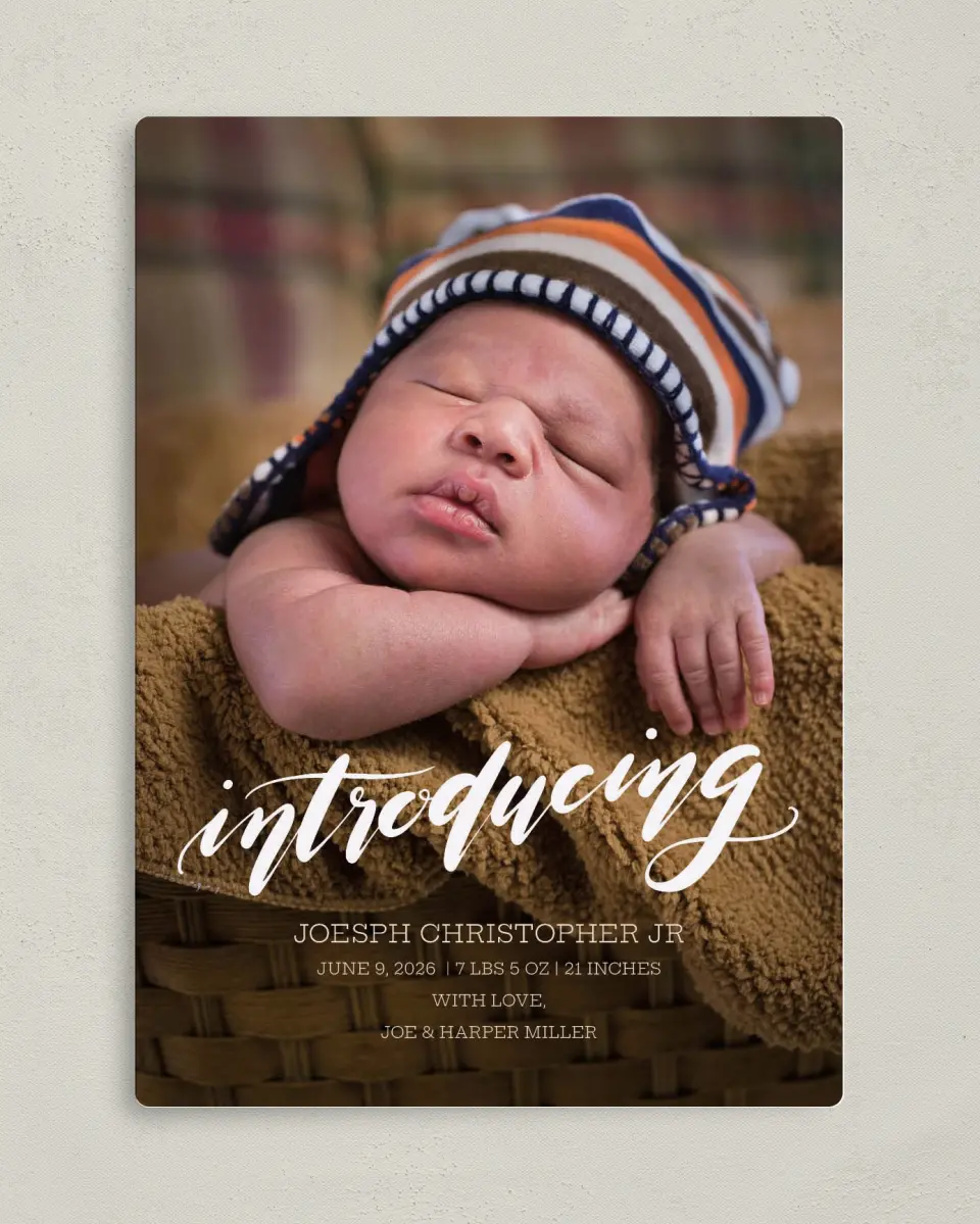 This is a 5" x 7" Birth Announcement Magnet called Baby Face printed in full color with a Luxe Satin finish