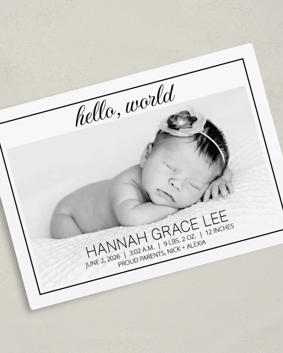 This is a 5" x 7" Birth Announcement Magnet called Lovely Sight printed in full color with a Luxe Satin finish