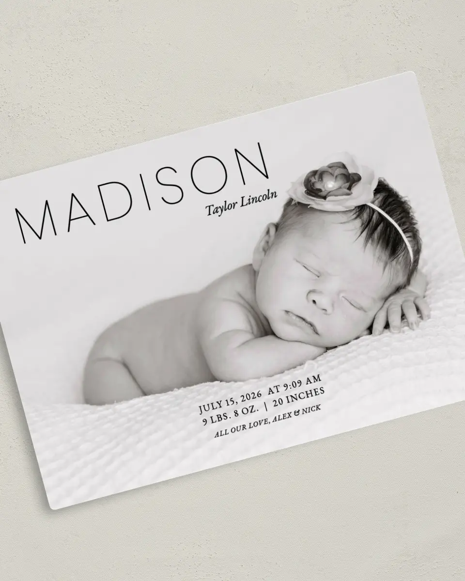 This is a 5" x 7" Birth Announcement Magnet called Cute Sweet printed in full color with Gold foil and a Luxe Satin finish