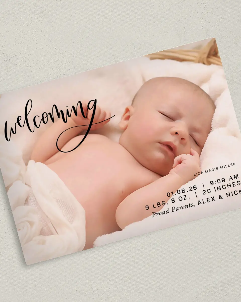This is a 5" x 7" Birth Announcement Magnet called Welcome Bliss printed in full color with a Luxe Satin finish