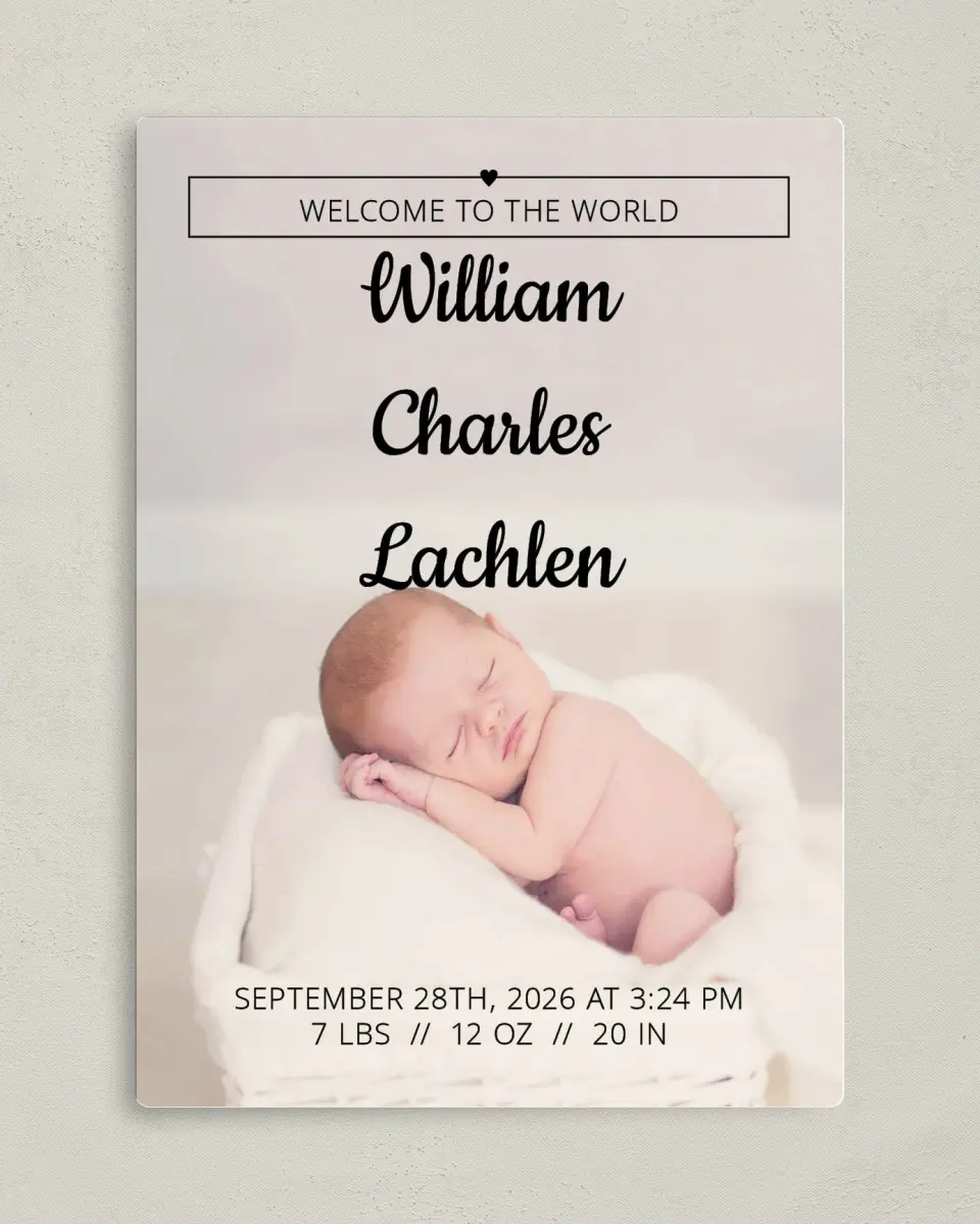 This is a 5" x 7" Birth Announcement Magnet called Charmng Cameo printed in full color with a Luxe Satin finish