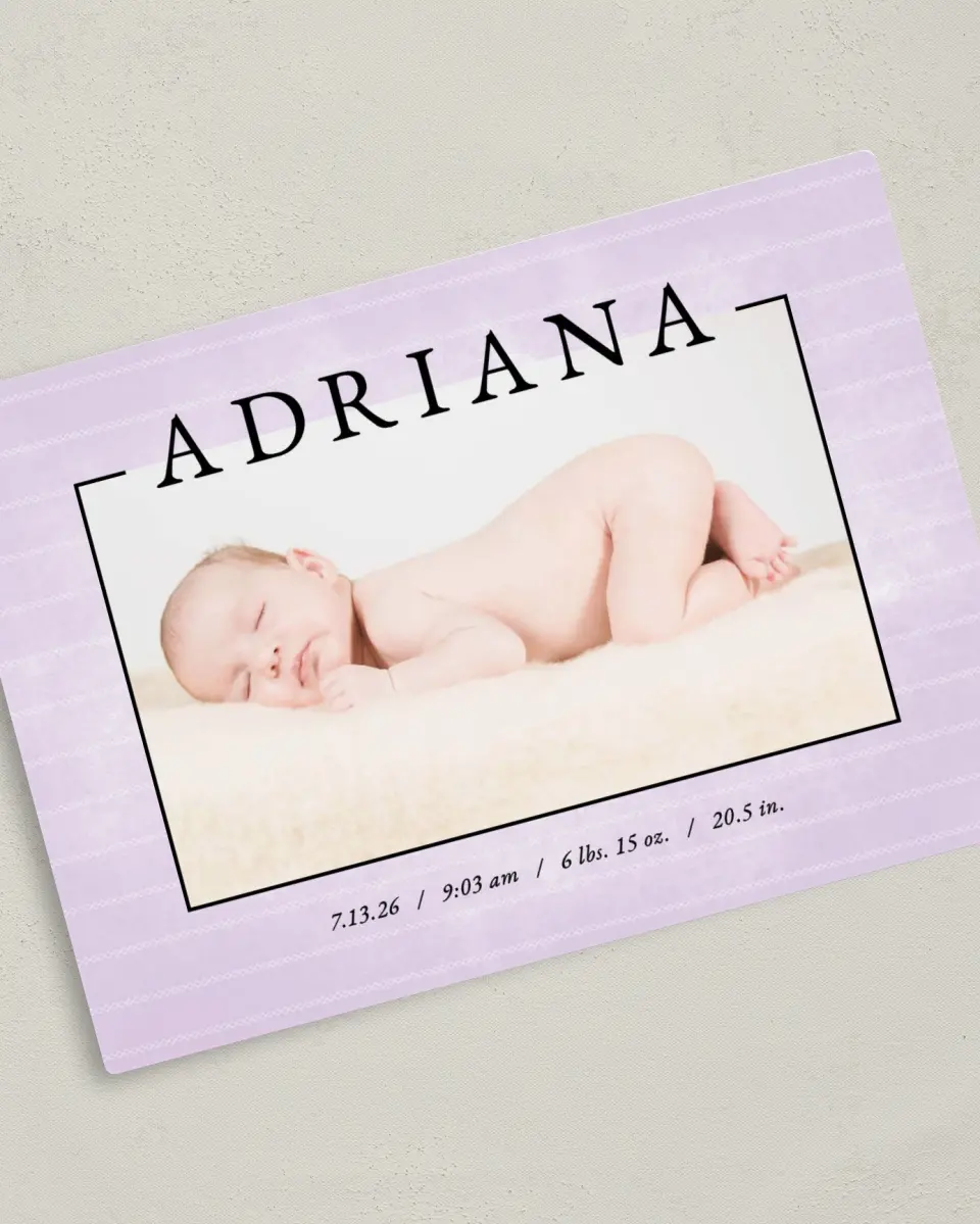 This is a 5" x 7" Birth Announcement Magnet called Delicate Wash printed in full color with a Luxe Satin finish
